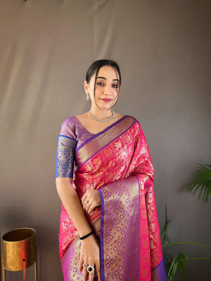 Pink With Dark Blue Border Pattu Silk Saree - PAHRAVA