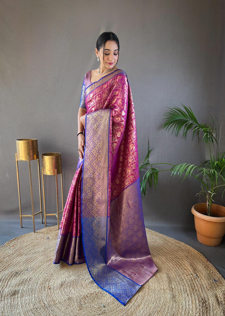 Purple With Dark Blue Border Pattu Silk Saree - PAHRAVA