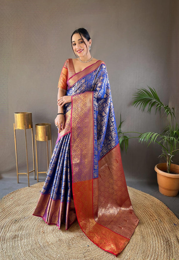 Navy Blue With Orange Border Pattu Silk Saree - PAHRAVA