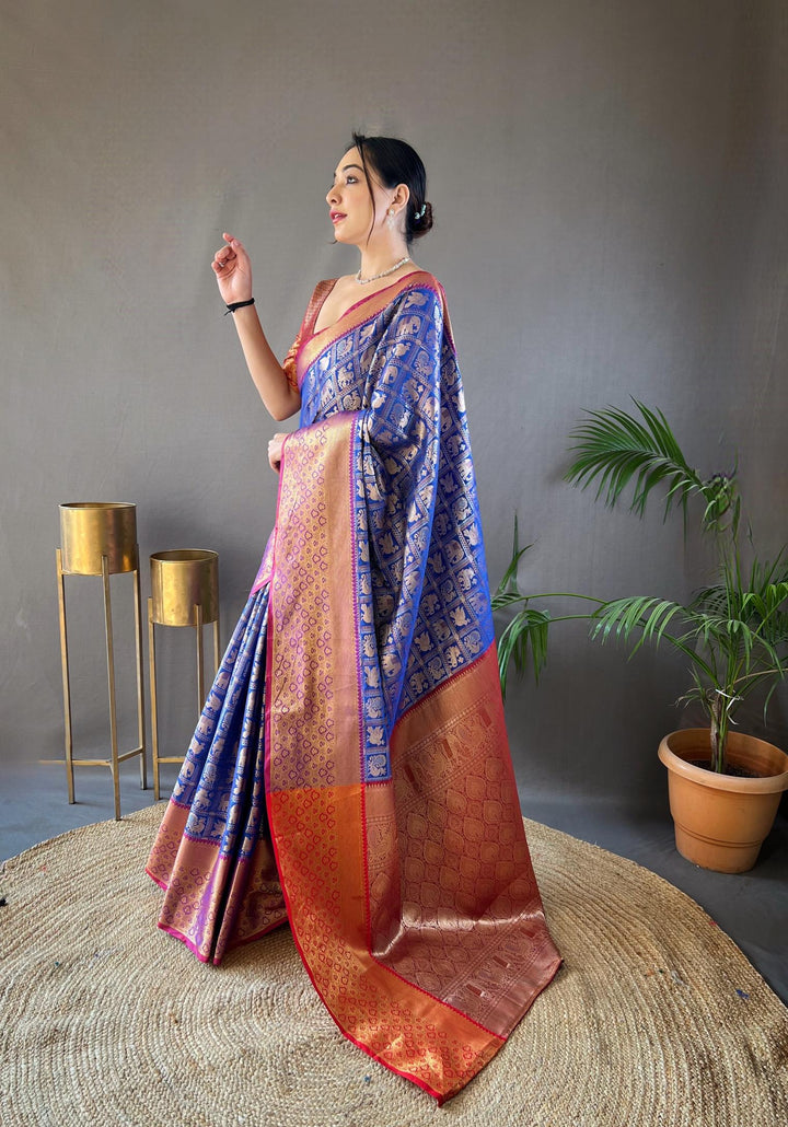 Navy Blue With Orange Border Pattu Silk Saree - PAHRAVA