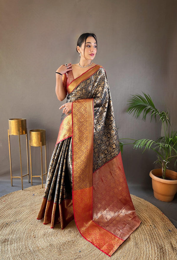 Black With Brown Border Pattu Silk Saree - PAHRAVA