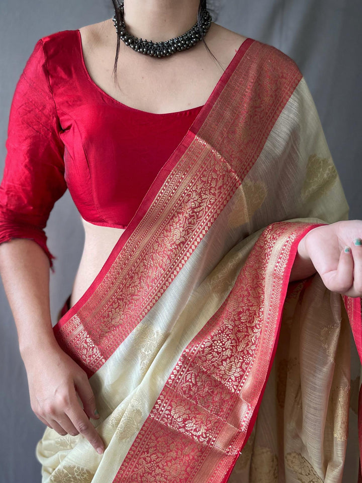 Off White Soft Linen Weaving Sarees - PAHRAVA