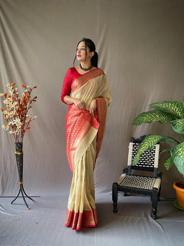 Off White Soft Linen Weaving Sarees - PAHRAVA