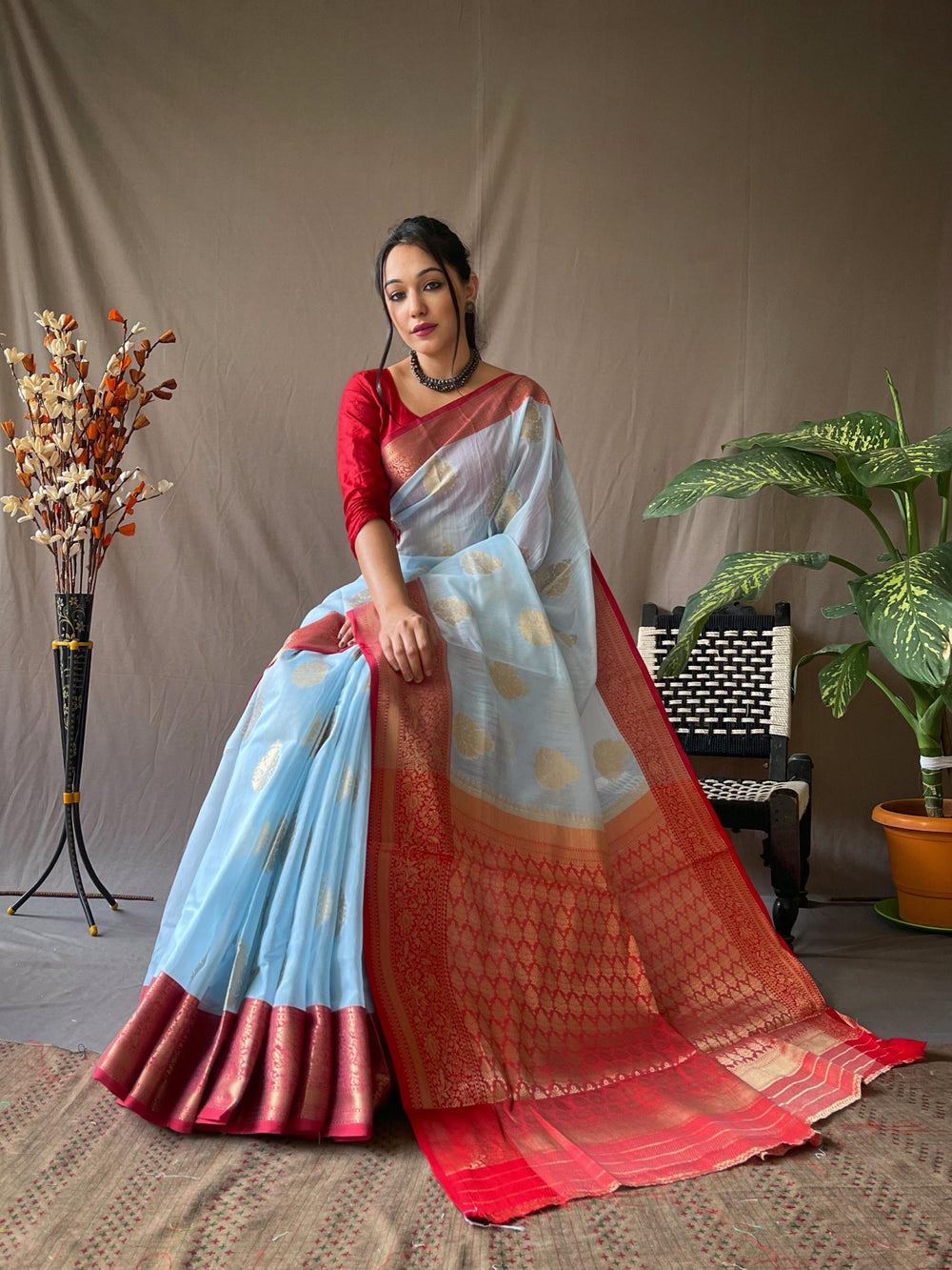 Light Blue Soft Linen Weaving Sarees - PAHRAVA