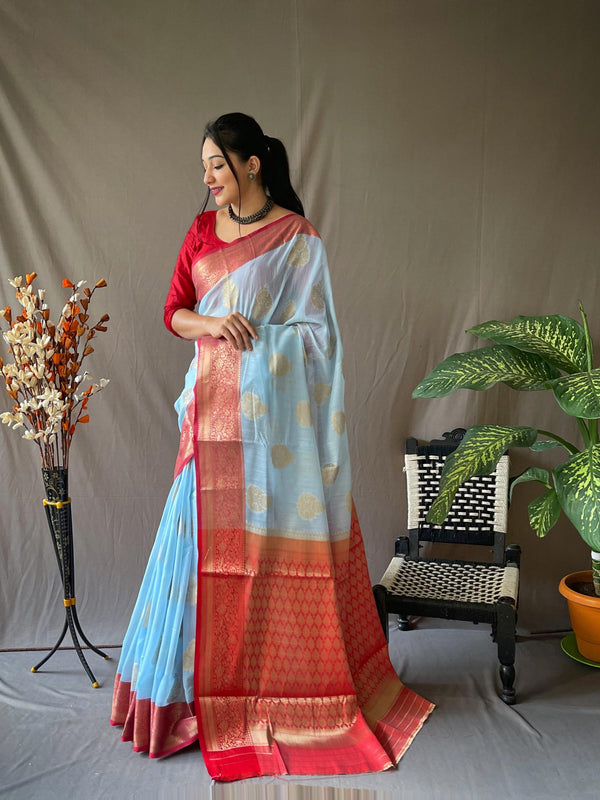 Light Blue Soft Linen Weaving Sarees - PAHRAVA