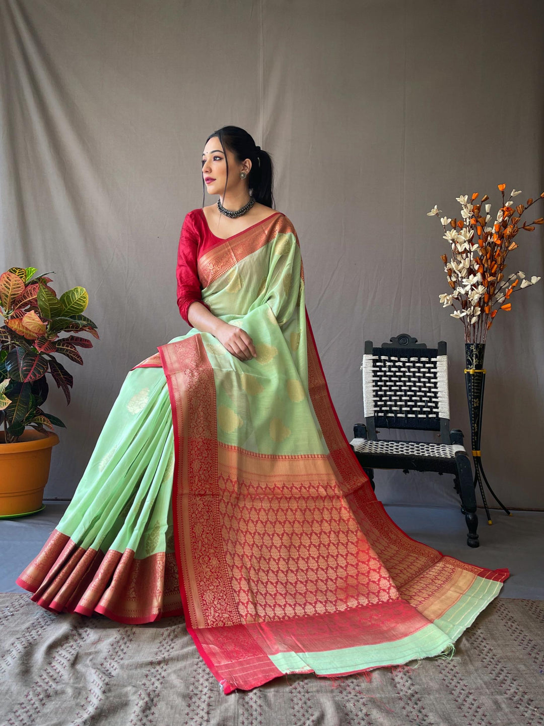 Pale Green Soft Linen Weaving Sarees - PAHRAVA