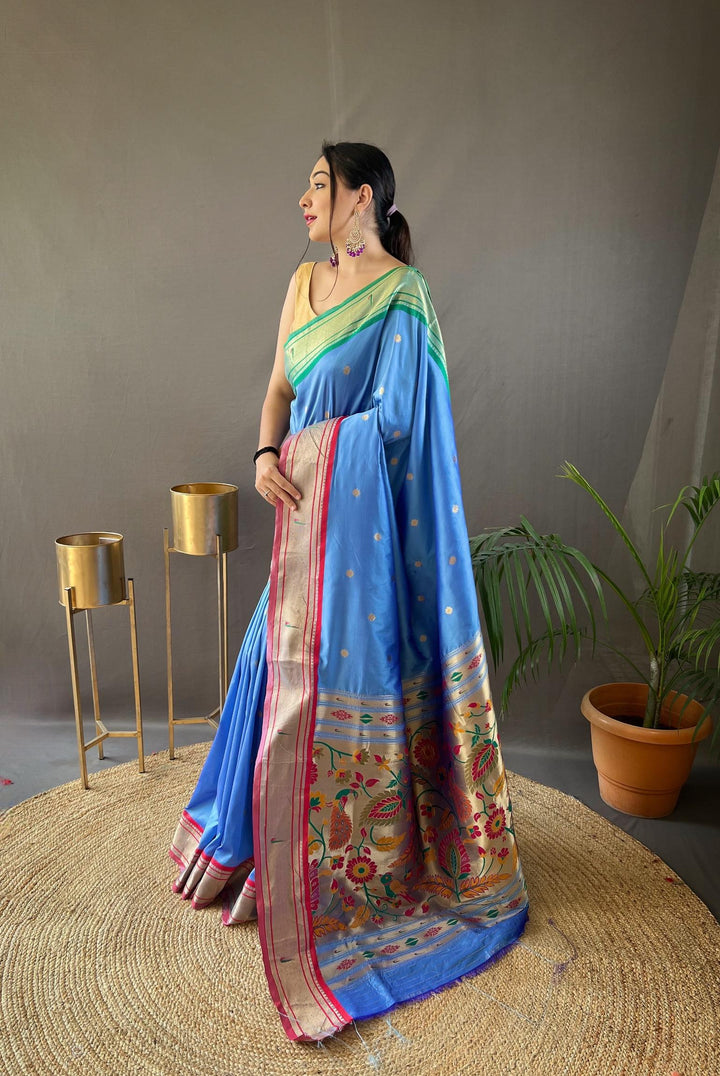 Teal Blue Ganga Jamuna Border Paithani Weave Saree - PAHRAVA