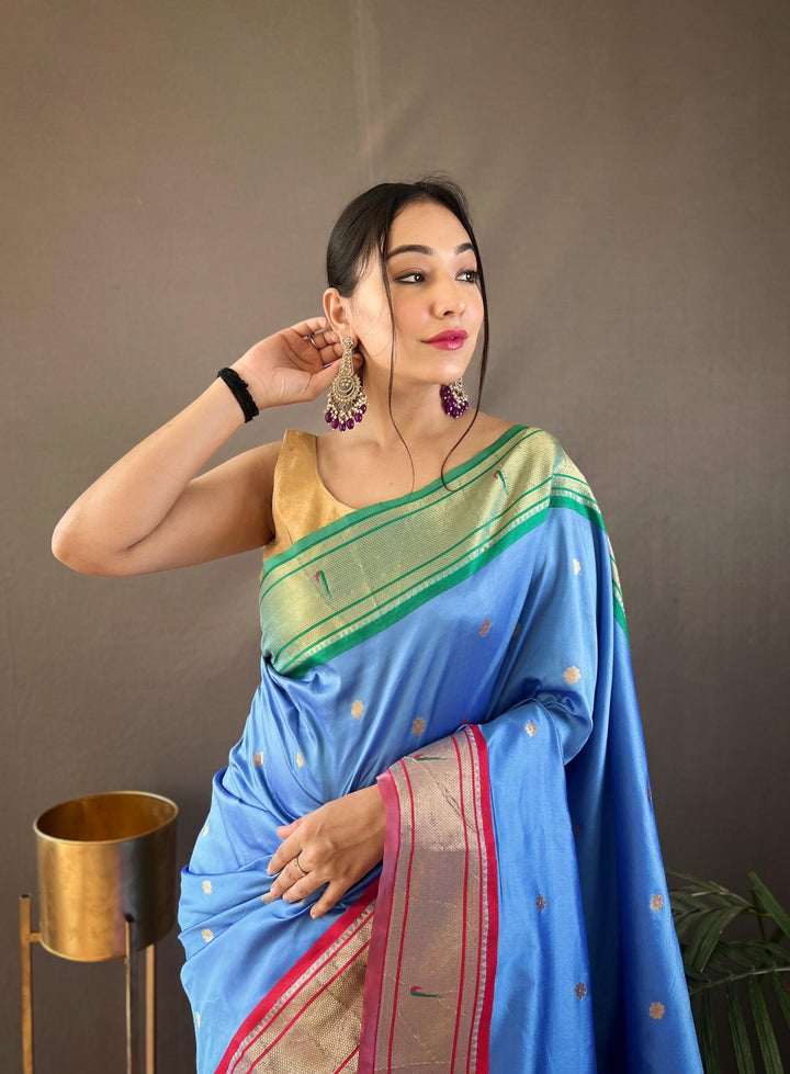 Teal Blue Ganga Jamuna Border Paithani Weave Saree - PAHRAVA