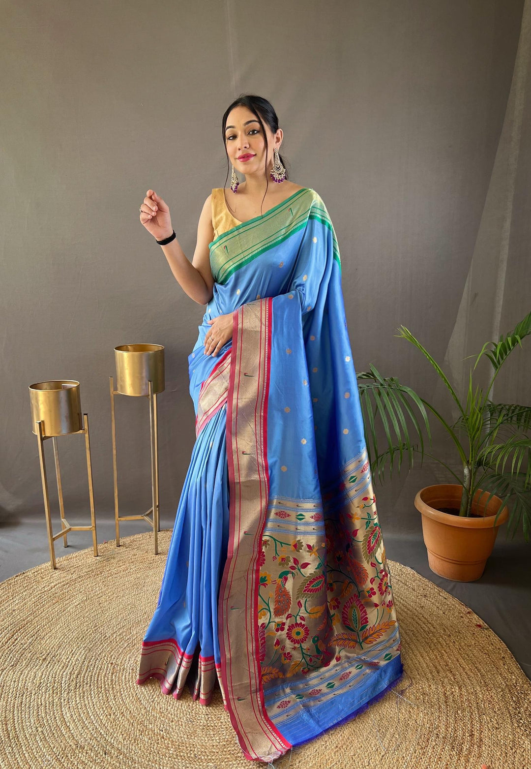 Teal Blue Ganga Jamuna Border Paithani Weave Saree - PAHRAVA