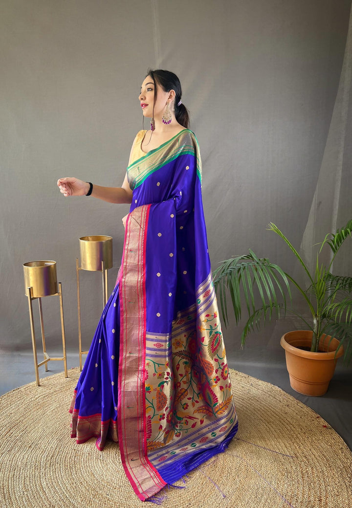 Navy Blue Ganga Jamuna Border Paithani Weave Saree - PAHRAVA