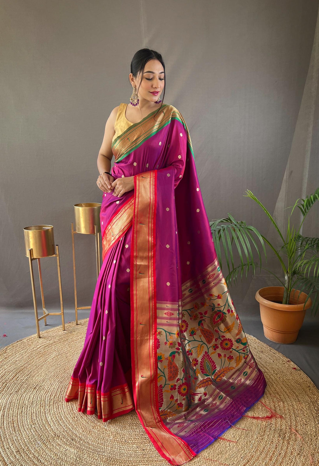 True Purple Ganga Jamuna Border Paithani Weave Saree - PAHRAVA