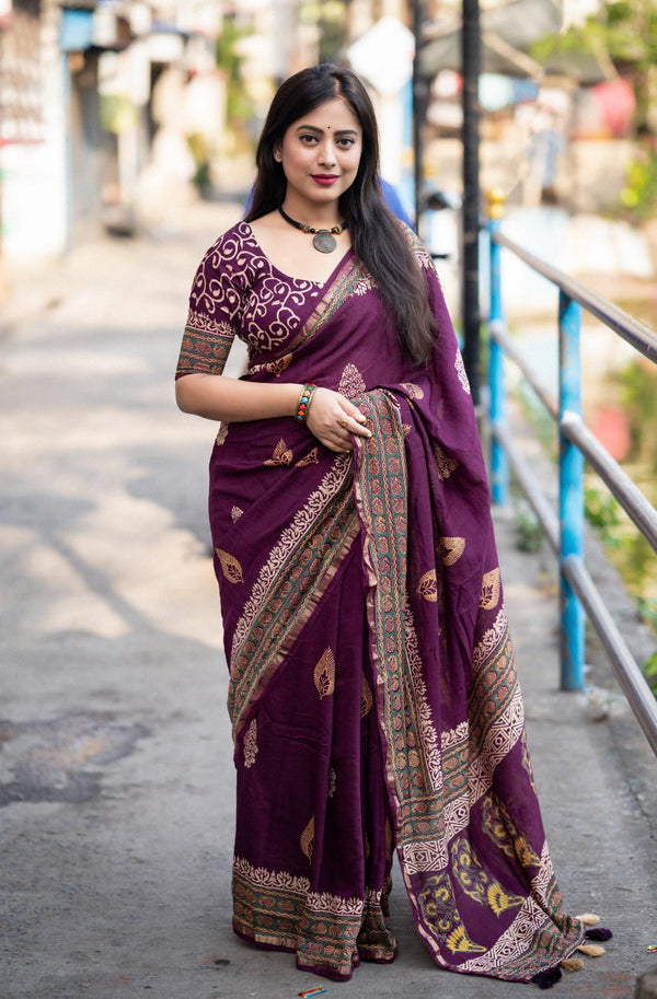 Royal Purple Chanderi Cotton Saree with Zari woven Pattu border.