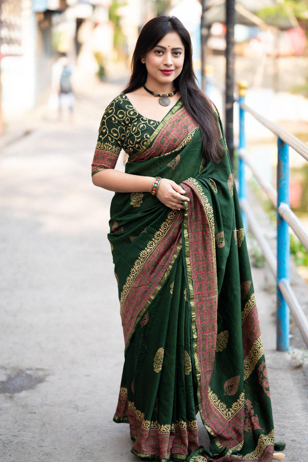 Dark Green Chanderi Cotton Saree with Zari woven Pattu border.