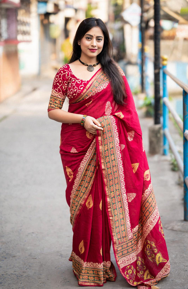 Maroon Chanderi Cotton Saree with Zari woven Pattu border.