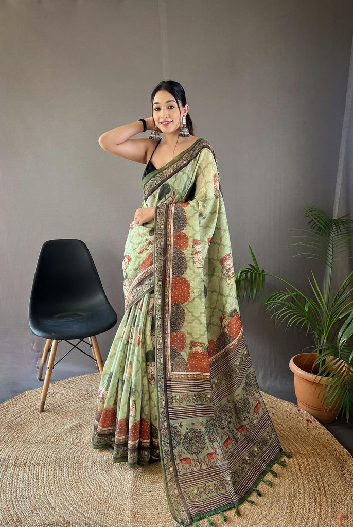 Light Green Cotton Tussar Silk Saree - PAHRAVA