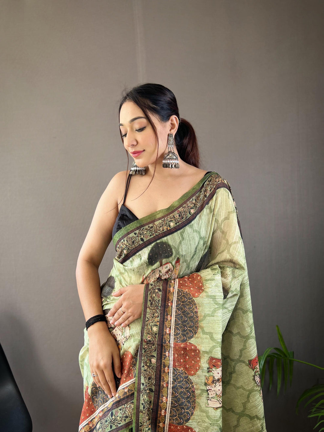 Light Green Cotton Tussar Silk Saree - PAHRAVA