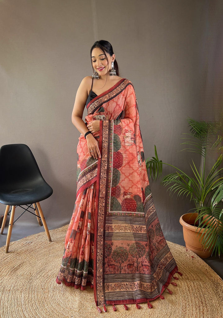 Plum Peach Cotton Tussar Silk Saree - PAHRAVA