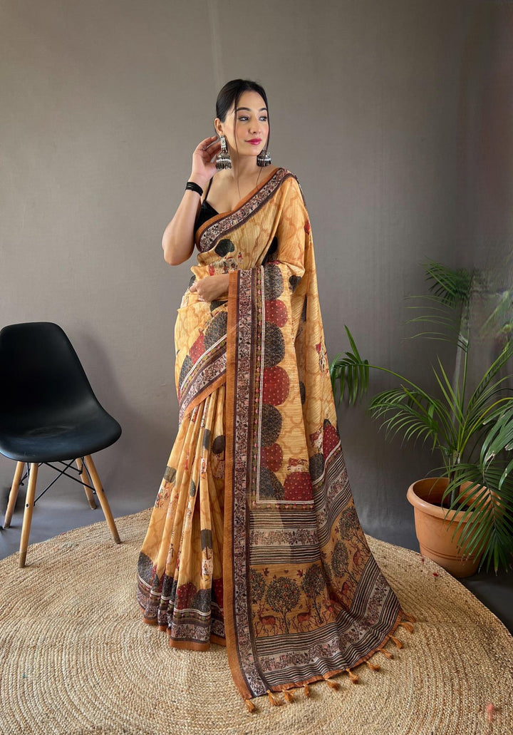 Warm Yellow Cotton Tussar Silk Saree - PAHRAVA