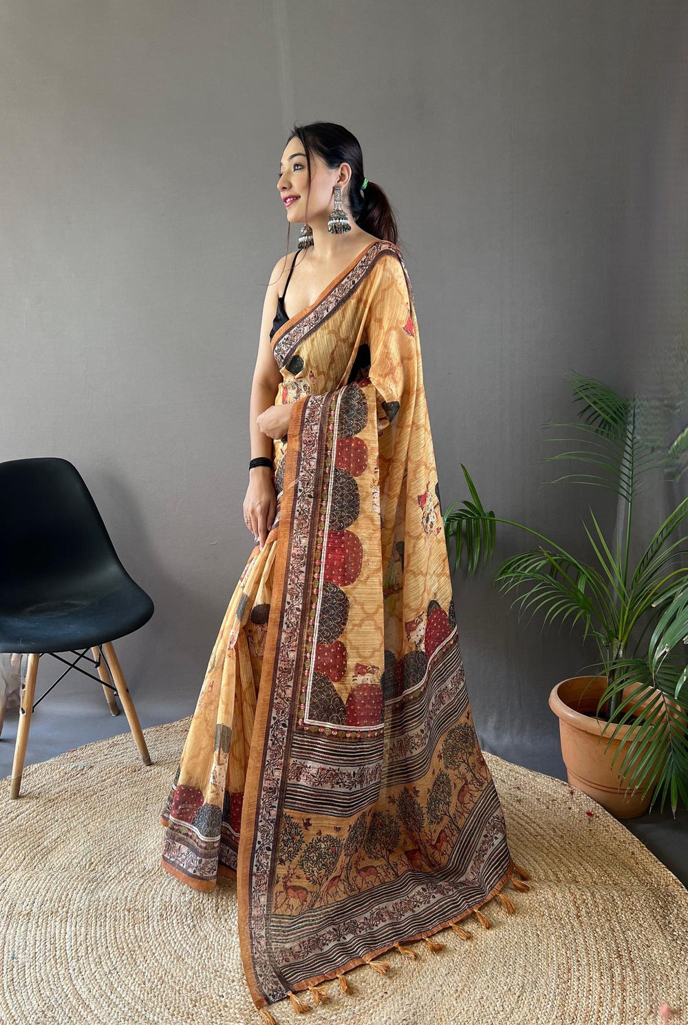 Warm Yellow Cotton Tussar Silk Saree - PAHRAVA