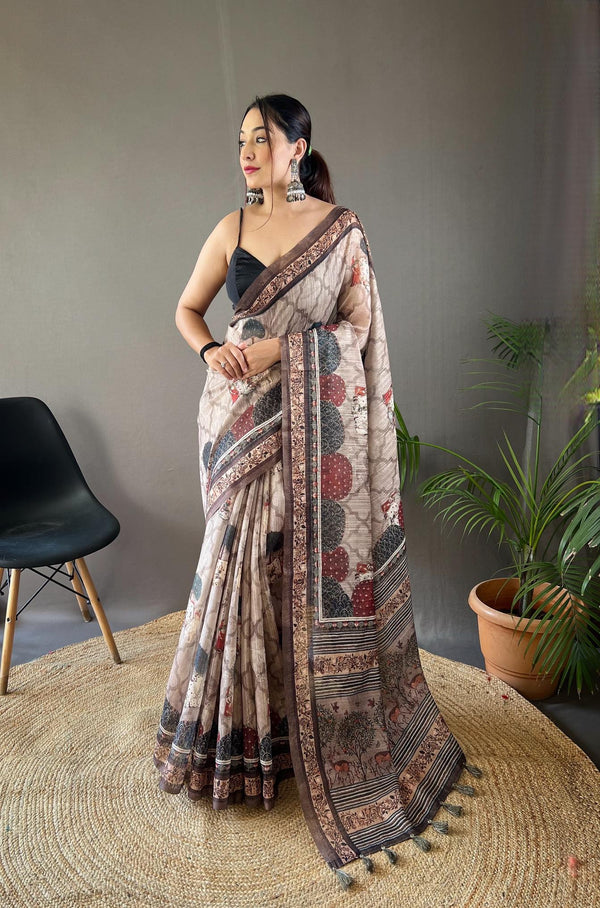 Silver Grey Cotton Tussar Silk Saree - PAHRAVA