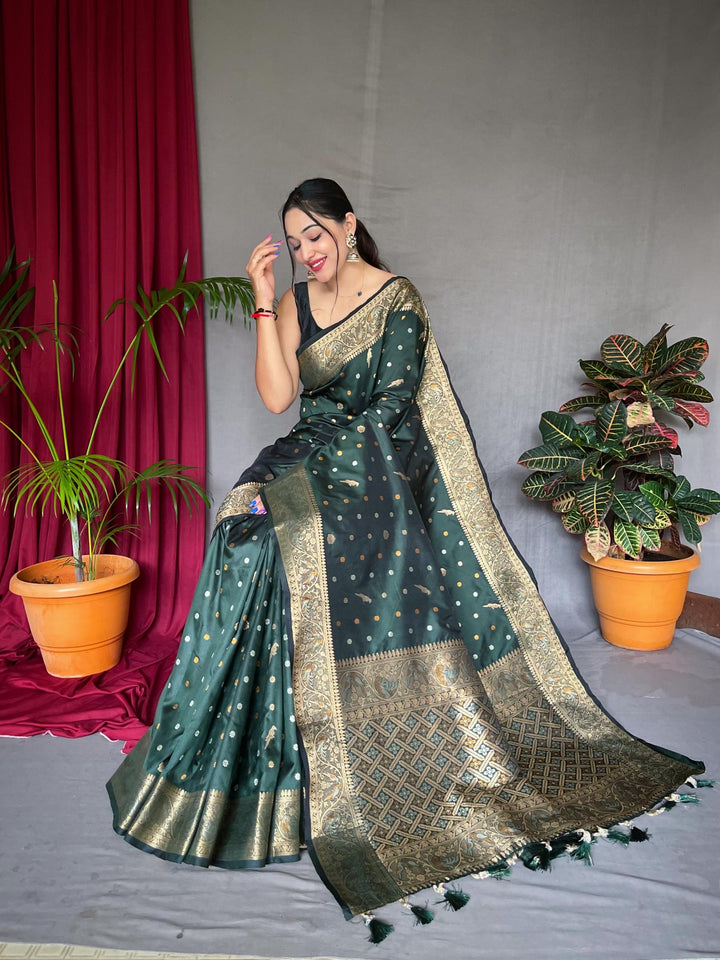 Antique Green Pure Soft Silk Saree with Triple Zari Weaving - PAHRAVA