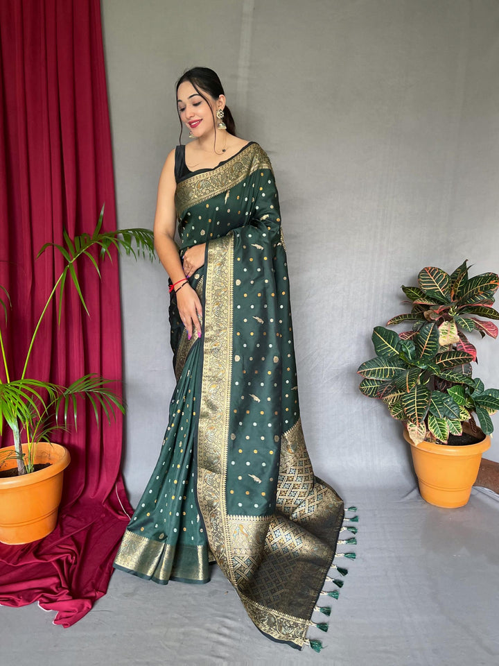 Antique Green Pure Soft Silk Saree with Triple Zari Weaving - PAHRAVA