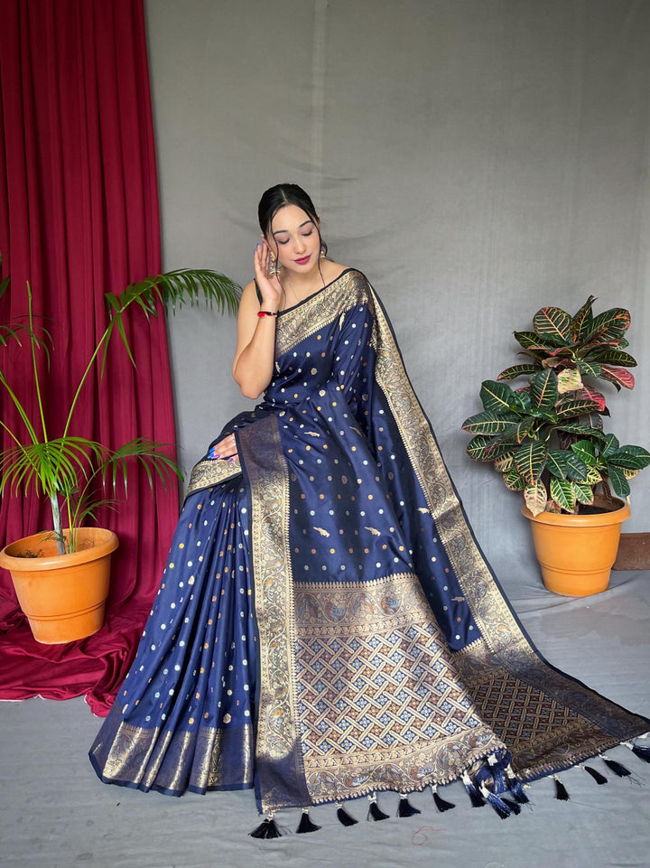 Dark Blue Pure Soft Silk Saree with Triple Zari Weaving - PAHRAVA