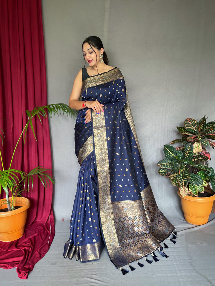 Dark Blue Pure Soft Silk Saree with Triple Zari Weaving - PAHRAVA