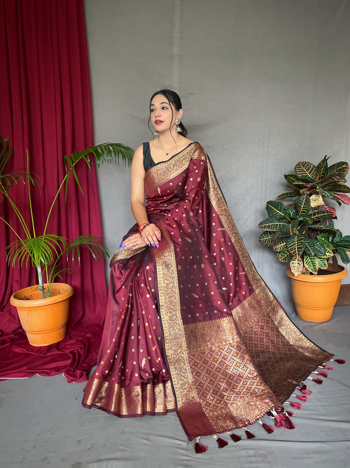 Bright Maroon Pure Soft Silk Saree with Triple Zari Weaving - PAHRAVA