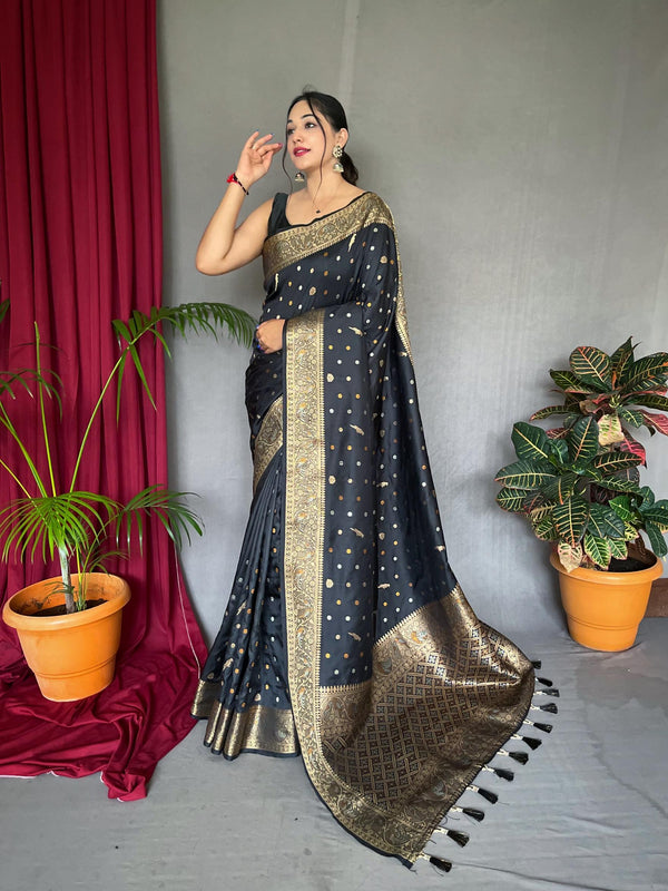 Classy Grey Pure Soft Silk Saree with Triple Zari Weaving - PAHRAVA