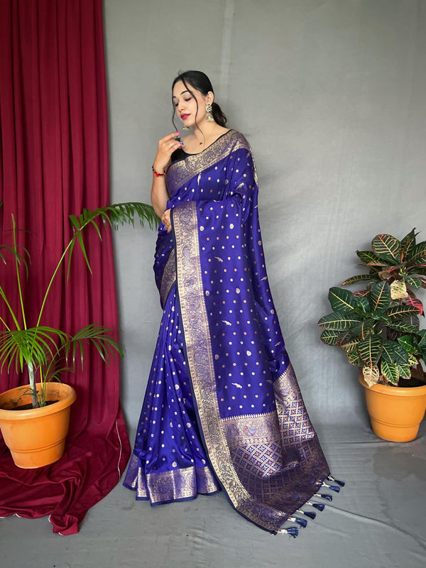 Ink Blue Pure Soft Silk Saree with Triple Zari Weaving - PAHRAVA