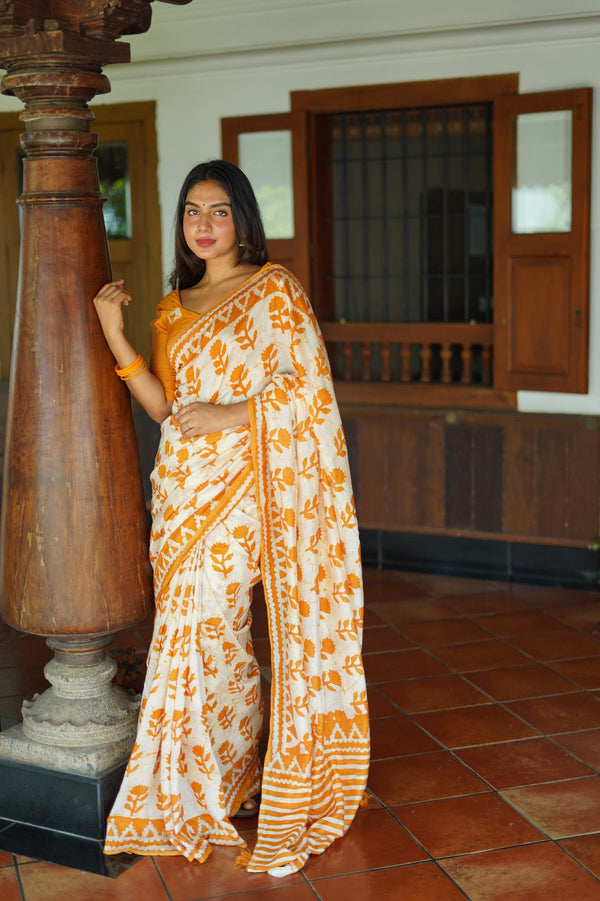 Pure White with Yellow Soft Chanderi Cotton Saree.