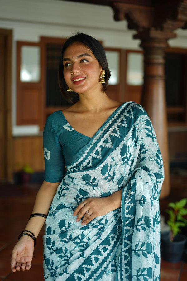 Greenish Blue With White Soft Chanderi Cotton Saree.