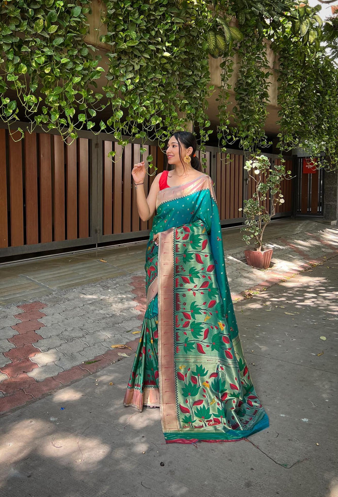 Peacock Green Pure Banarasi Paithani Silk Saree - PAHRAVA