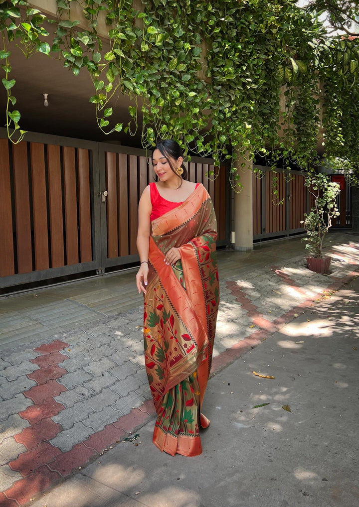 Deep Brown Pure Banarasi Paithani Silk Saree - PAHRAVA