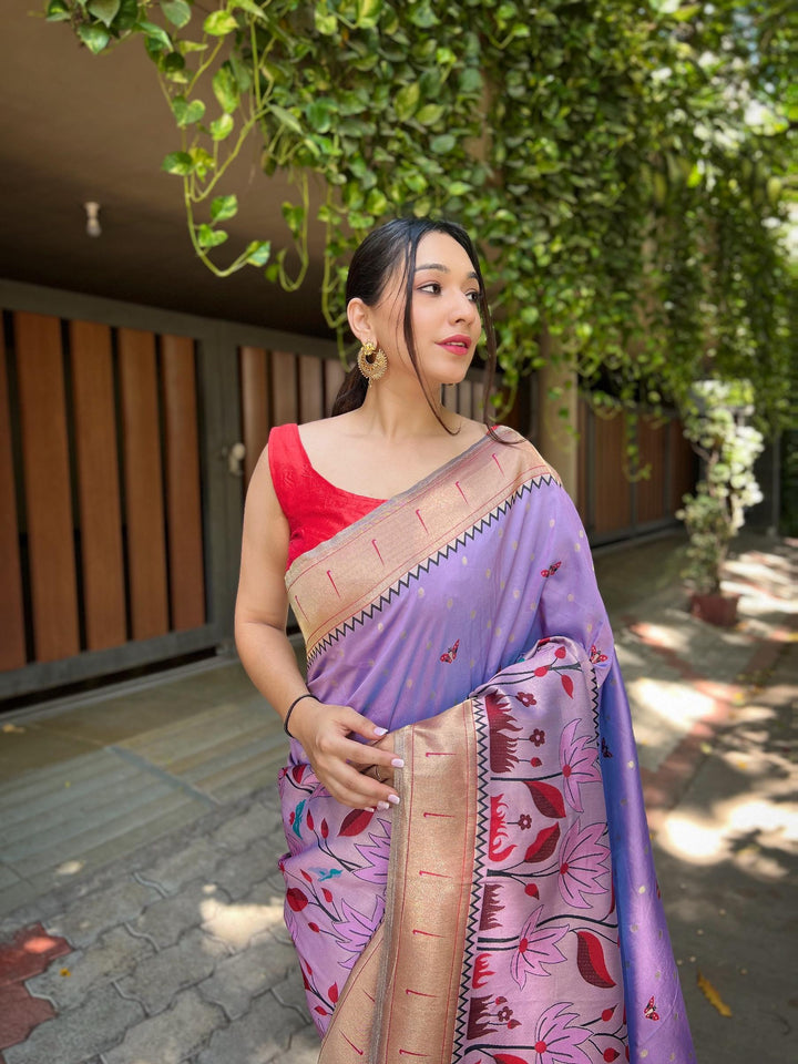 Pale Lavender Pure Banarasi Paithani Silk Saree - PAHRAVA