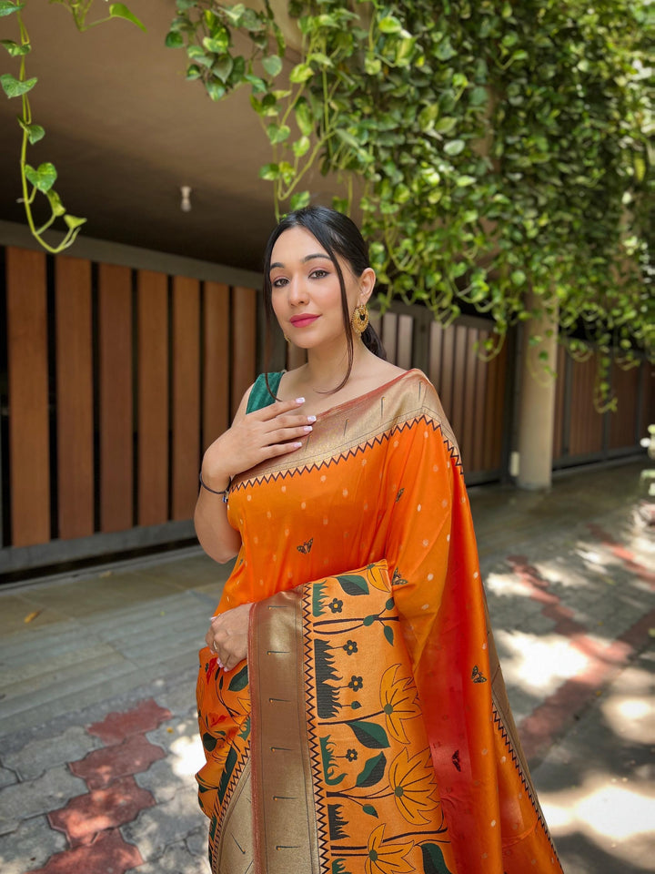 Tangy Orange Pure Banarasi Paithani Silk Saree - PAHRAVA