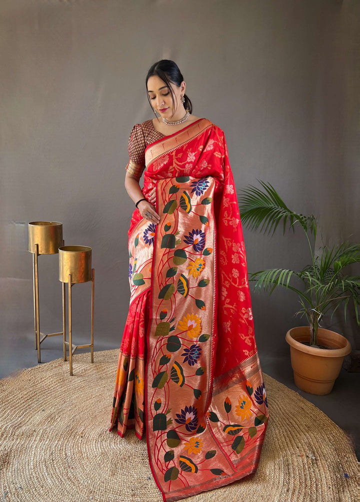 Bright Red Pure Soft Paithani Silk Saree - PAHRAVA