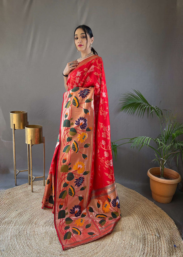 Bright Red Pure Soft Paithani Silk Saree - PAHRAVA