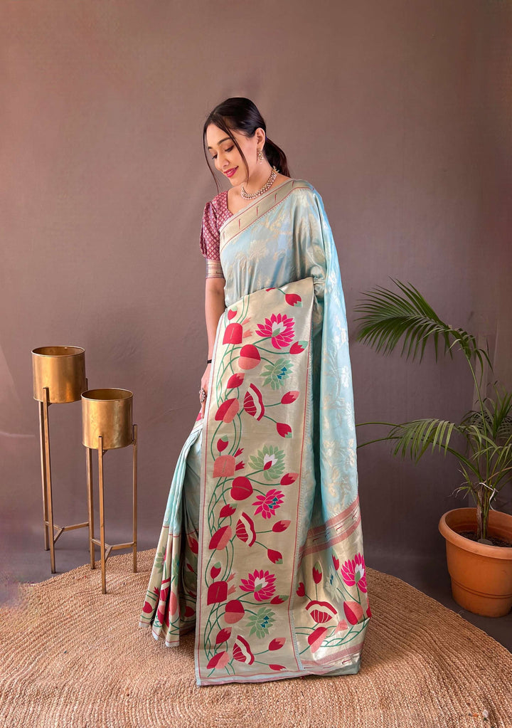 Sky Blue Pure Soft Paithani Silk Saree - PAHRAVA