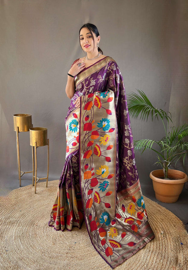 Dark Purple Pure Soft Paithani Silk Saree - PAHRAVA