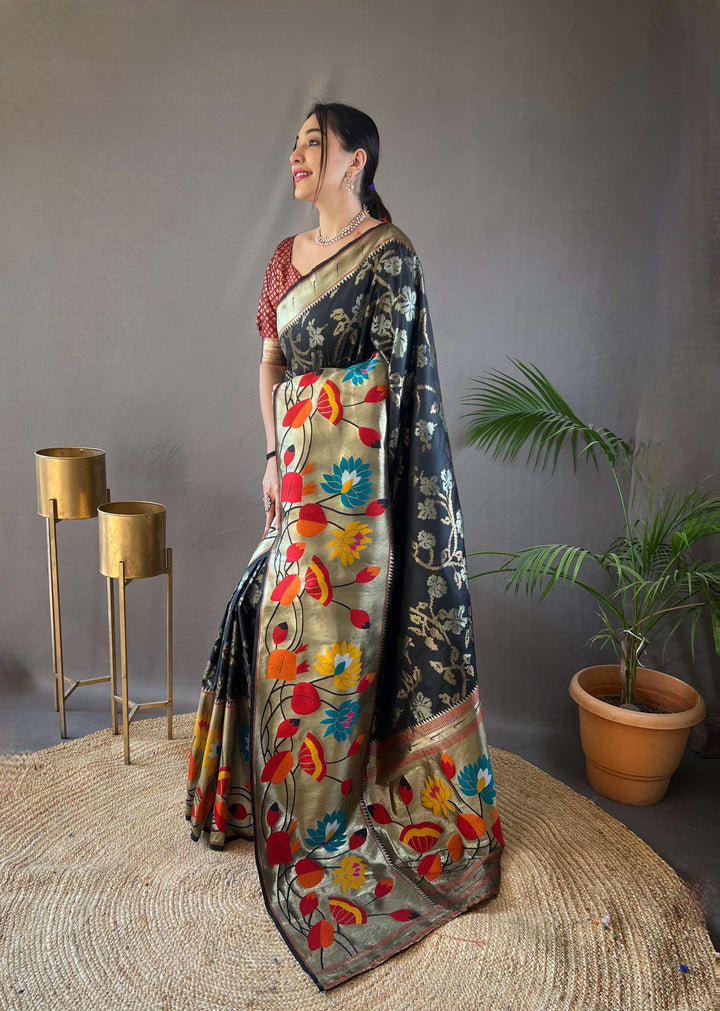 Deep Grey Pure Soft Paithani Silk Saree - PAHRAVA