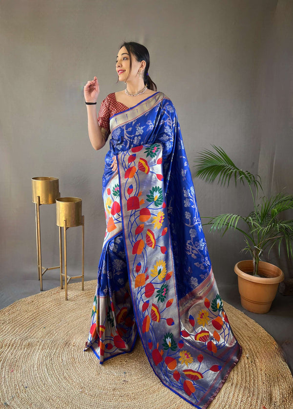 Navy Blue Pure Soft Paithani Silk Saree - PAHRAVA