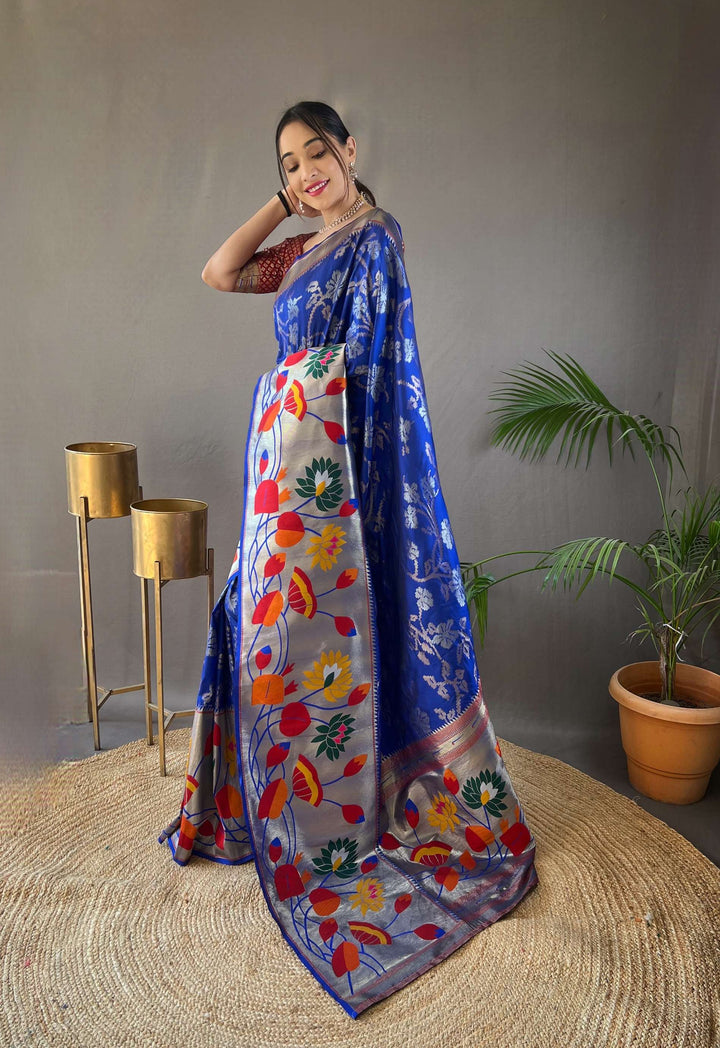 Navy Blue Pure Soft Paithani Silk Saree - PAHRAVA