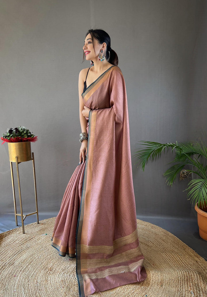 Plum Peach Soft Silk Sarees with Zari Chex Weaving - PAHRAVA