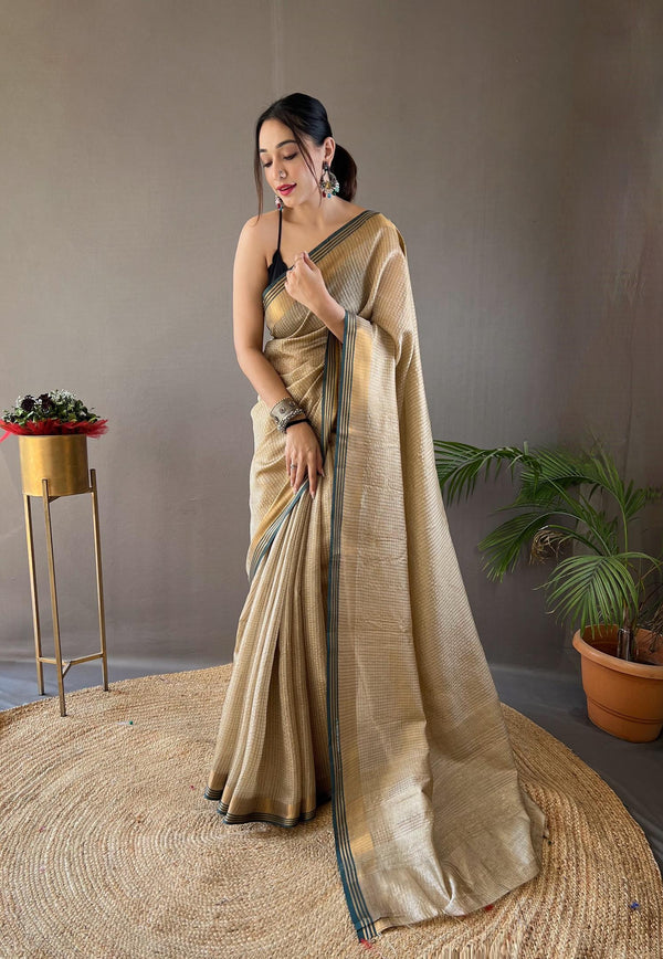 Almond Cream Soft Silk Sarees with Zari Chex Weaving - PAHRAVA