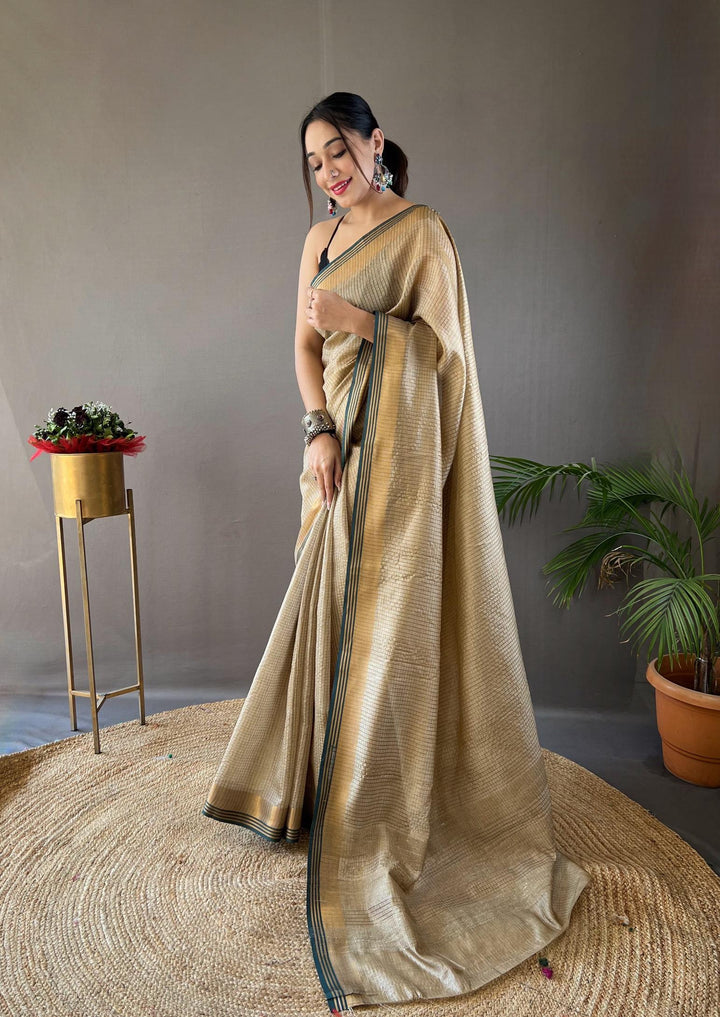 Almond Cream Soft Silk Sarees with Zari Chex Weaving - PAHRAVA