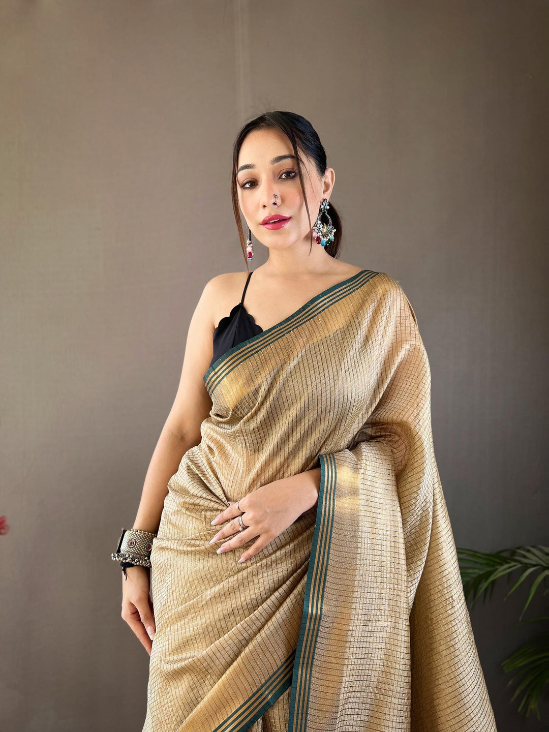 Almond Cream Soft Silk Sarees with Zari Chex Weaving - PAHRAVA