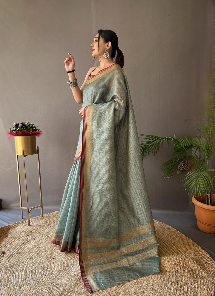 Sea Blue Soft Silk Sarees with Zari Chex Weaving - PAHRAVA