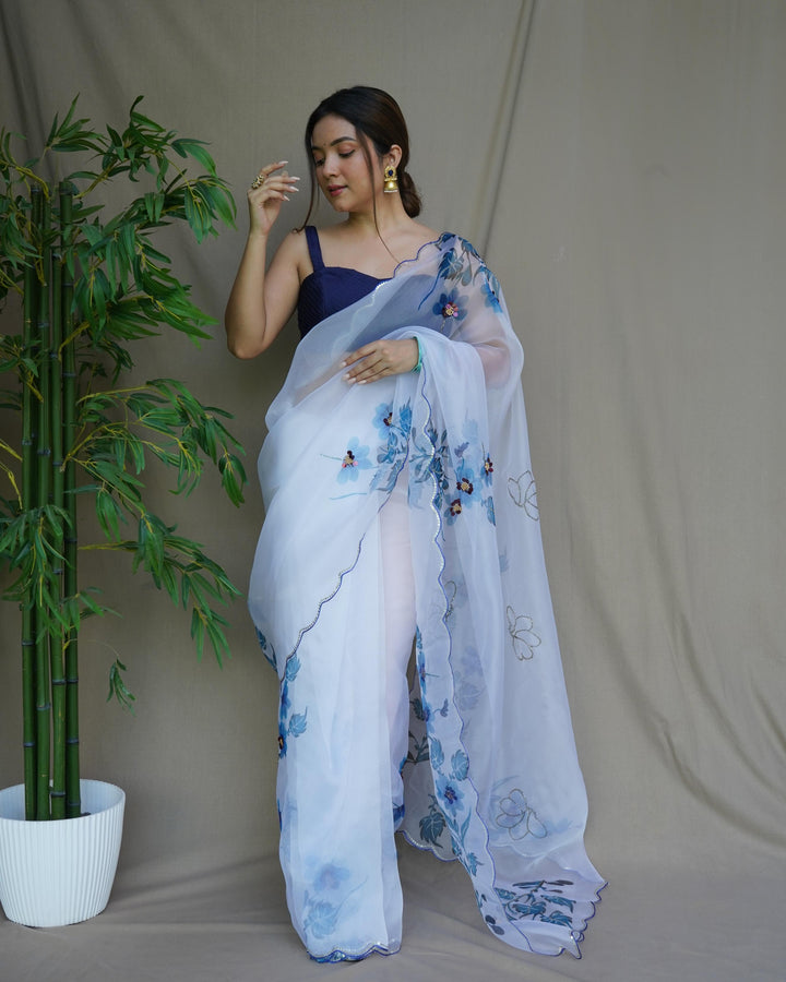 Spanish White With Blue Soft Pure Organza Handwork With Digital Print Saree - PAHRAVA